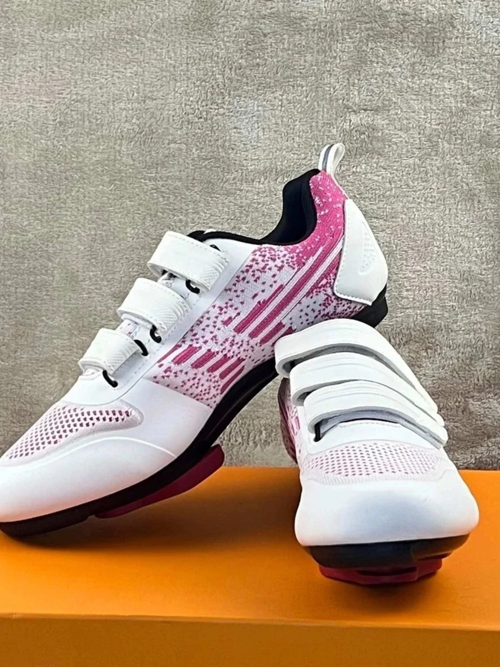 Women's White and Pink Cycling Shoes with Hook-and-Loop Straps